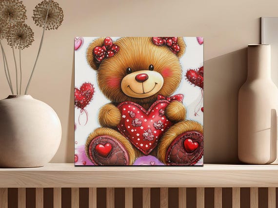 Cute Teddy Bear Holding Heart Print Watercolor Valentines Day Decor Romantic Gift Idea Adorable Nursery Wall Art 20x20