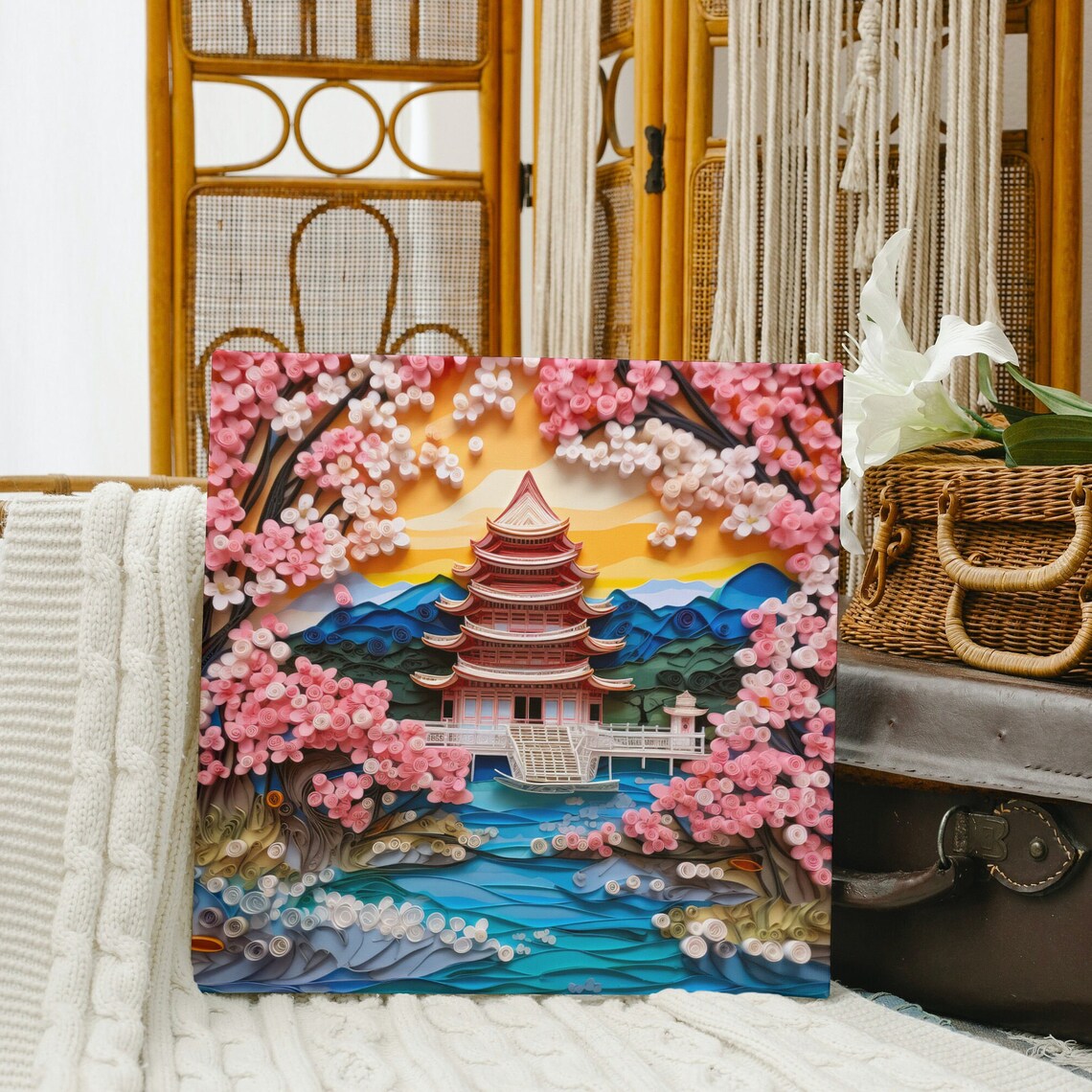 Quilled Paper Japanese Pagoda Cherry Blossoms Lake Scene Poster - Image 5