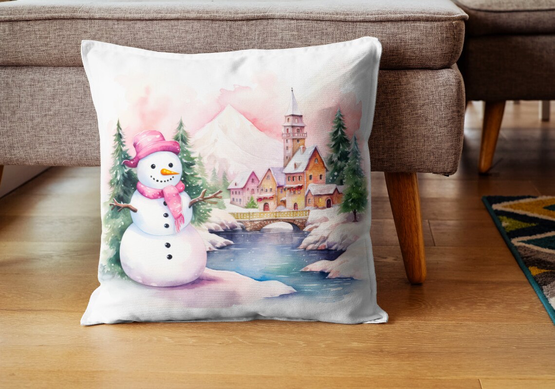 Cute Watercolor Pink Snowman in a Snowy Christmas Village Poster - Image 3