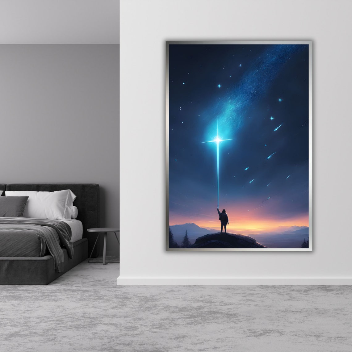 Starry Night Cross Beacon Mountain Figure Celestial Fantasy Art Poster - Image 5