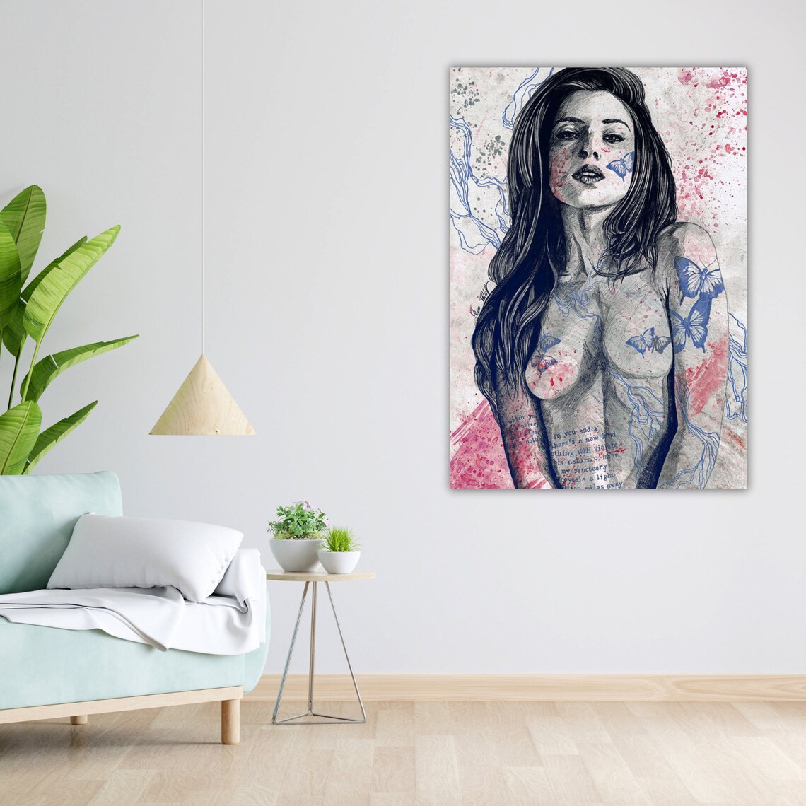 Nude Woman Figure Sketch Art With Butterflies Pencil Drawing Print - Image 4