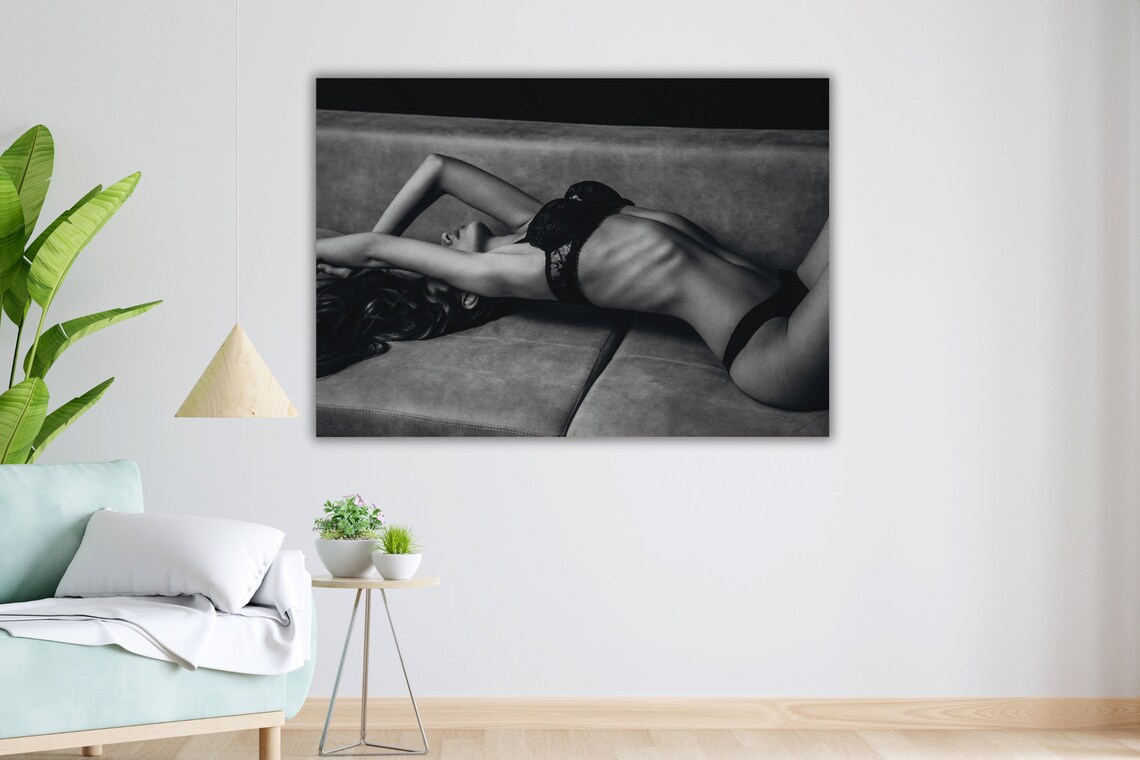 Black and White Boudoir Woman on Bed Sensual Photography Poster