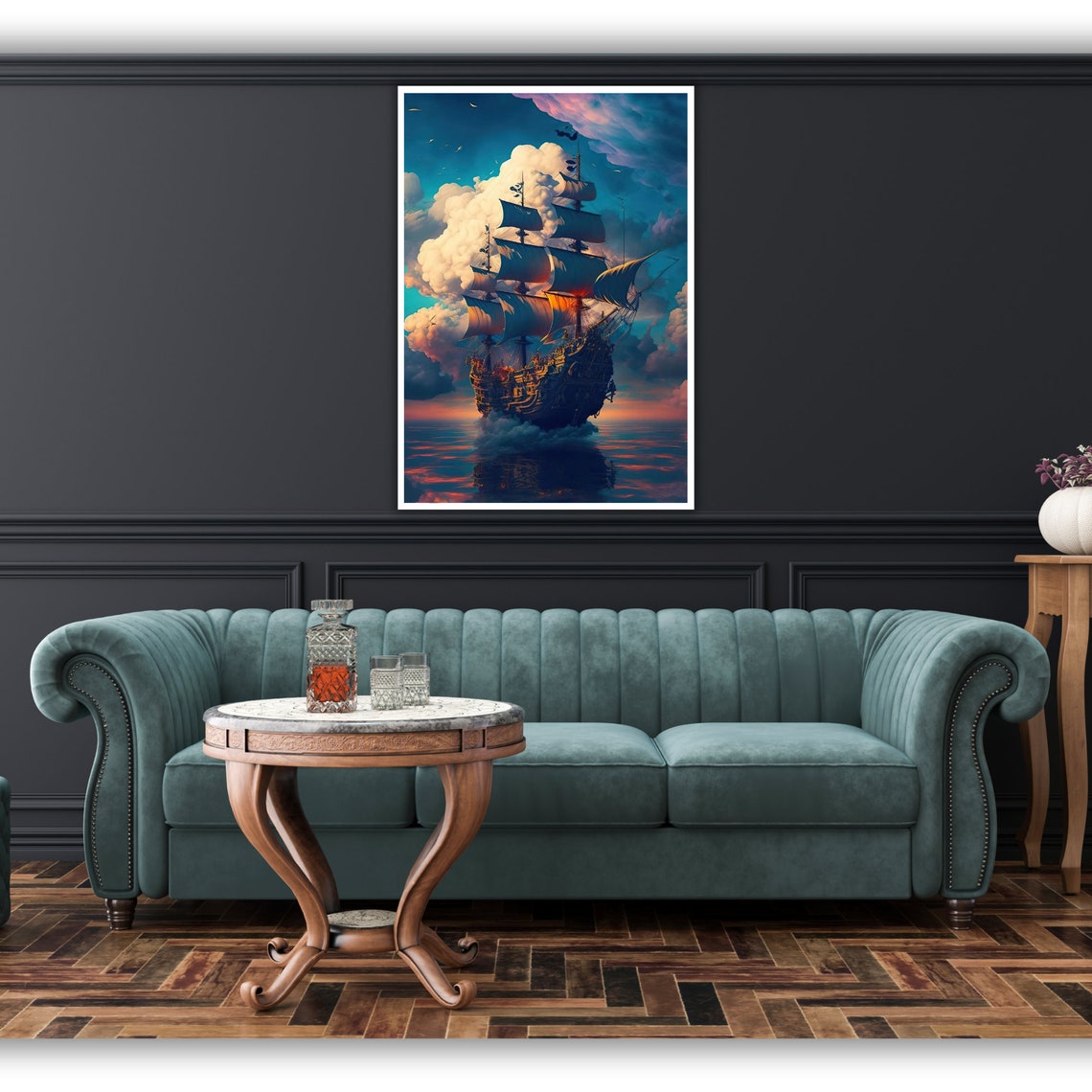 Pirate Galleon Emerging Clouds Sunset Ocean Voyage Seascape Poster - Image 3