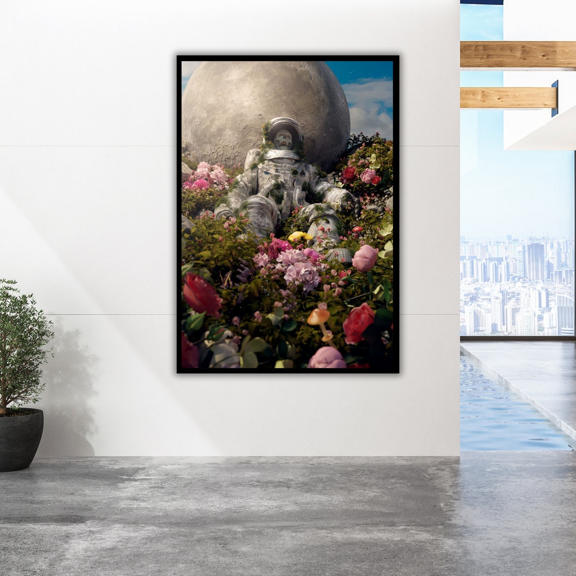 Skeleton Astronaut In Flower Field Giant Moon Surreal Art Poster - Image 5