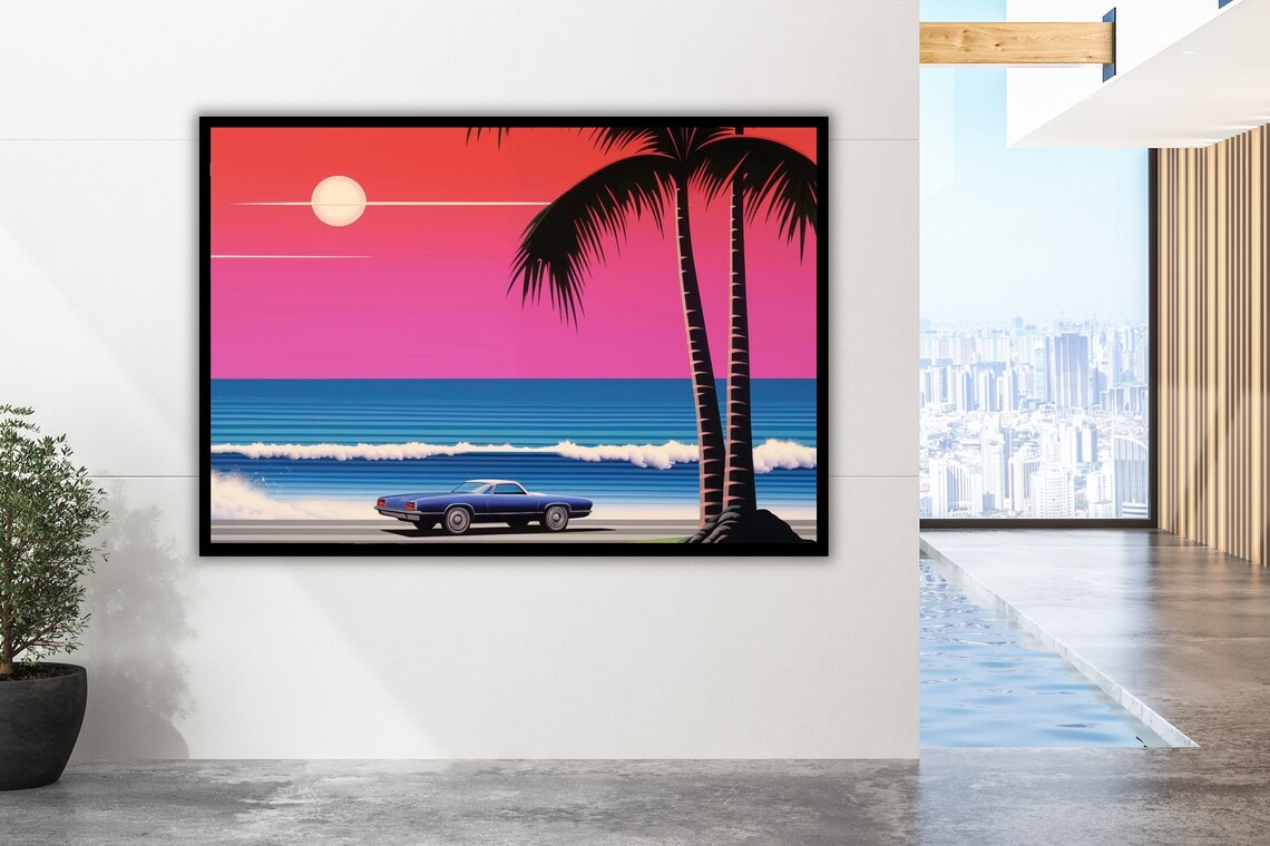 Retro Classic Car Tropical Beach Palm Trees Sunset Drive Poster - Image 2