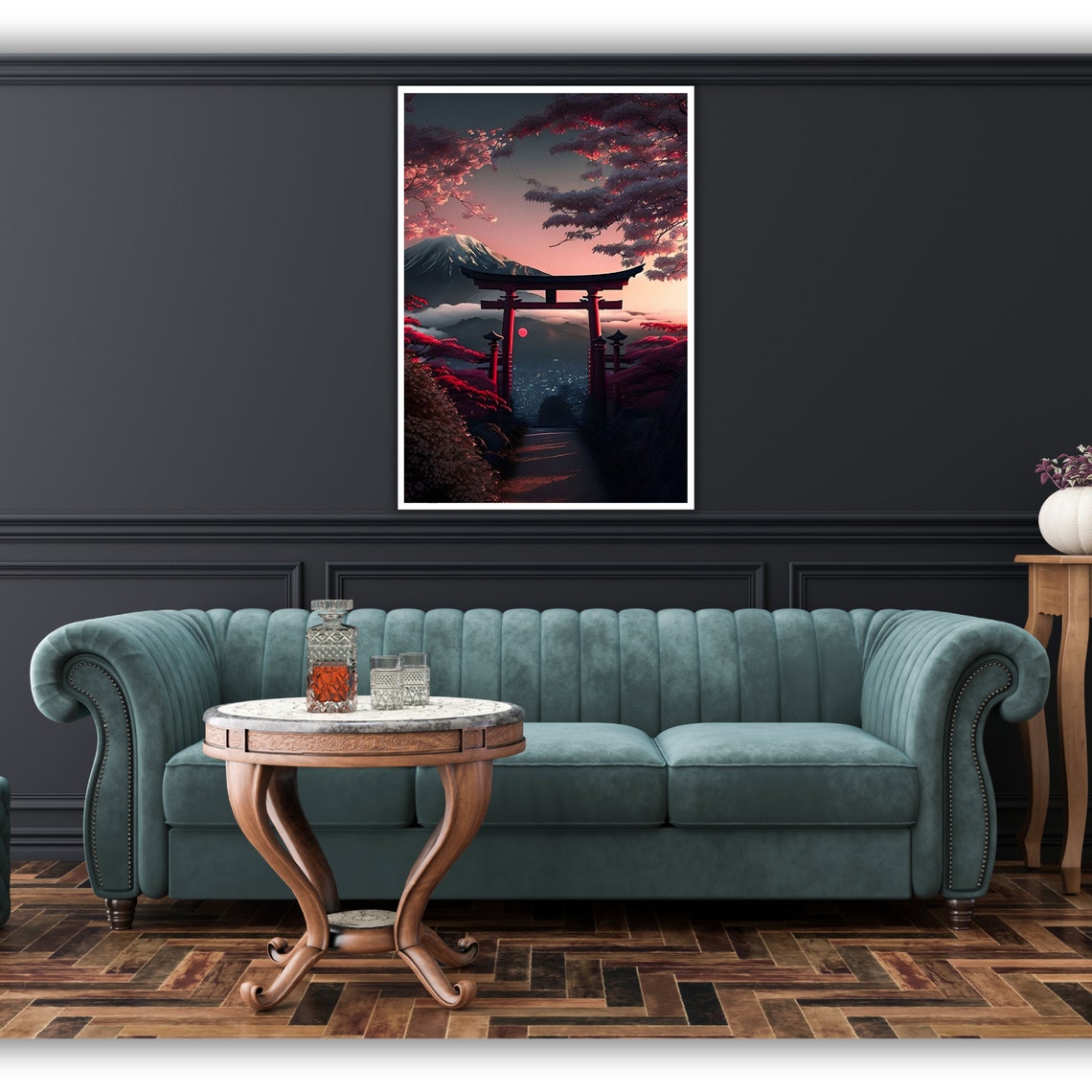 Japan Torii Gate Cherry Blossoms Mount Fuji Sunset View Travel Poster - Image 2