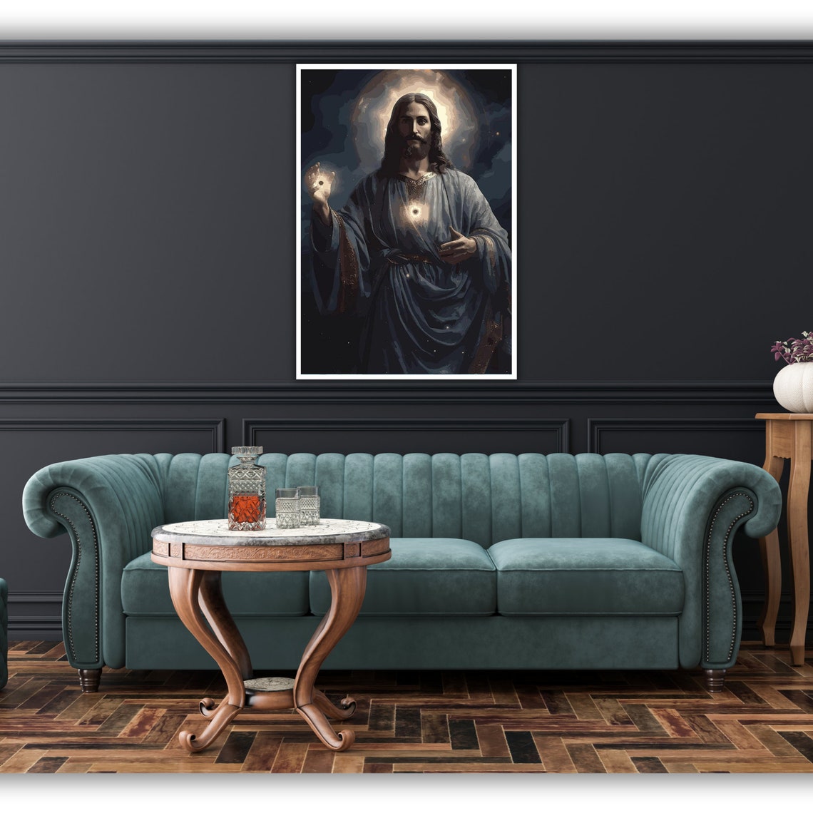 Jesus Glowing Sacred Heart Night Cosmic Blue Robe Art Print Poster - Image 3