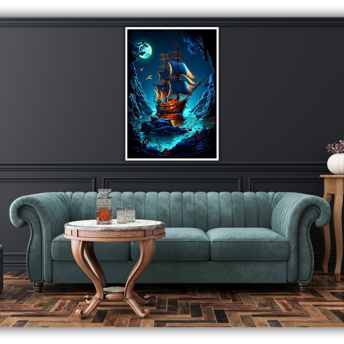 Ship In Sea Art Nautical Wall Decor Ready To Hang Coastal Painting Framed Ocean Print - Image 2