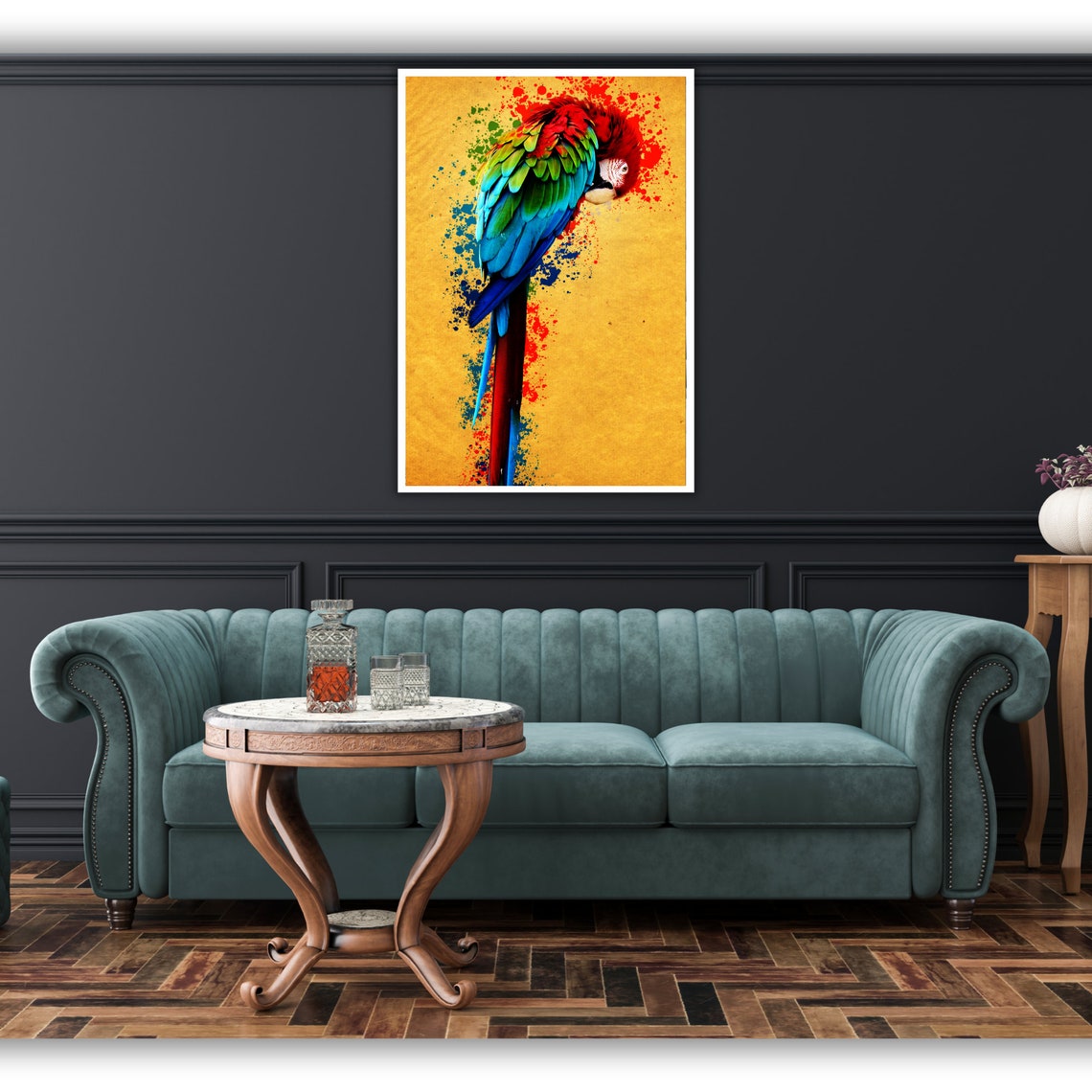 Colorful Macaw Parrot On Golden Background Paint Splash Art Poster - Image 2
