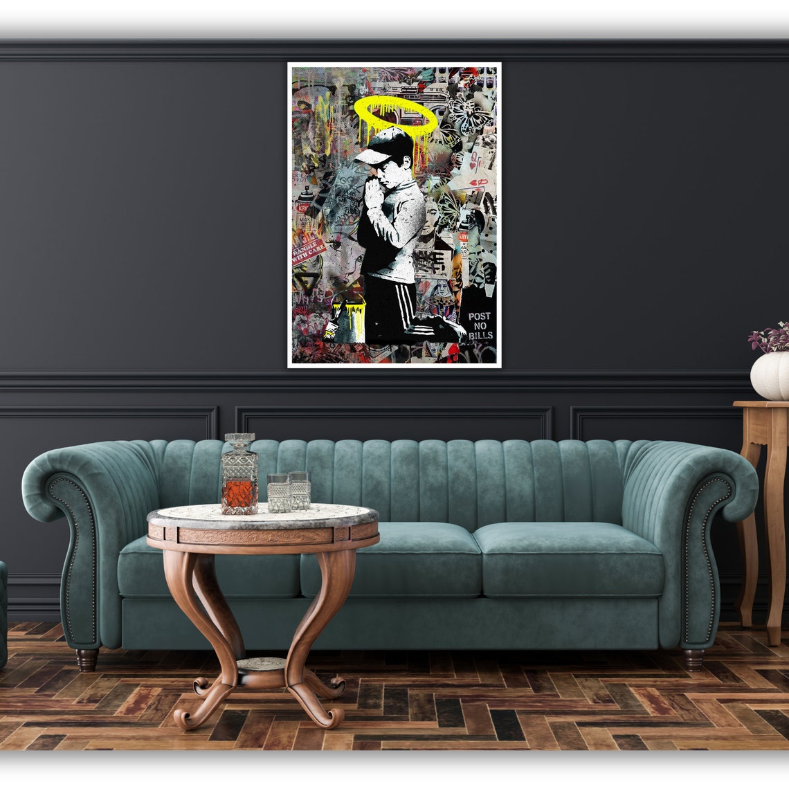 Graffiti Boy Praying Halo Stencil Street Art Collage Urban Poster - Image 2