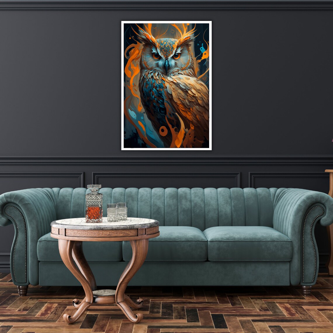 Great Horned Owl Digital Painting Blue Orange Fantasy Bird Art Poster - Image 2