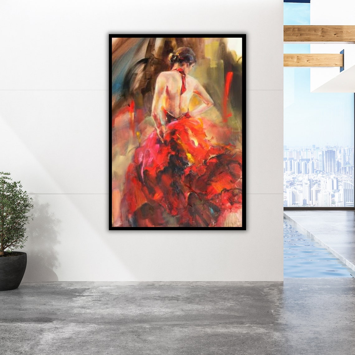 Spanish Flamenco Dancer Red Ruffled Dress Back View Oil Art Poster - Image 2