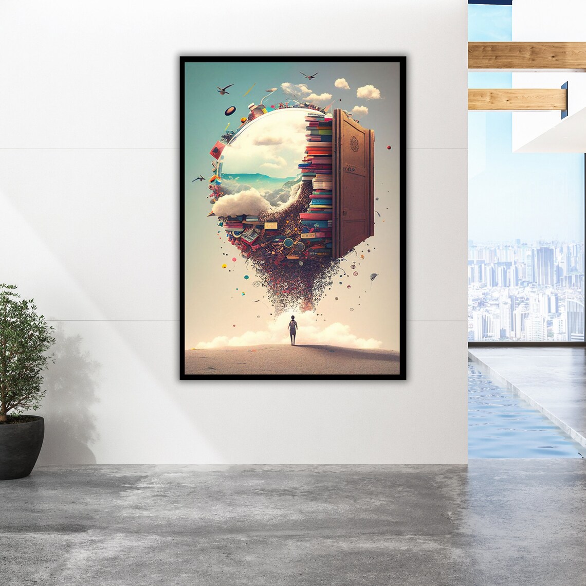 Surreal Library Hot Air Balloon Books Floating Door Nursery Art Poster - Image 5
