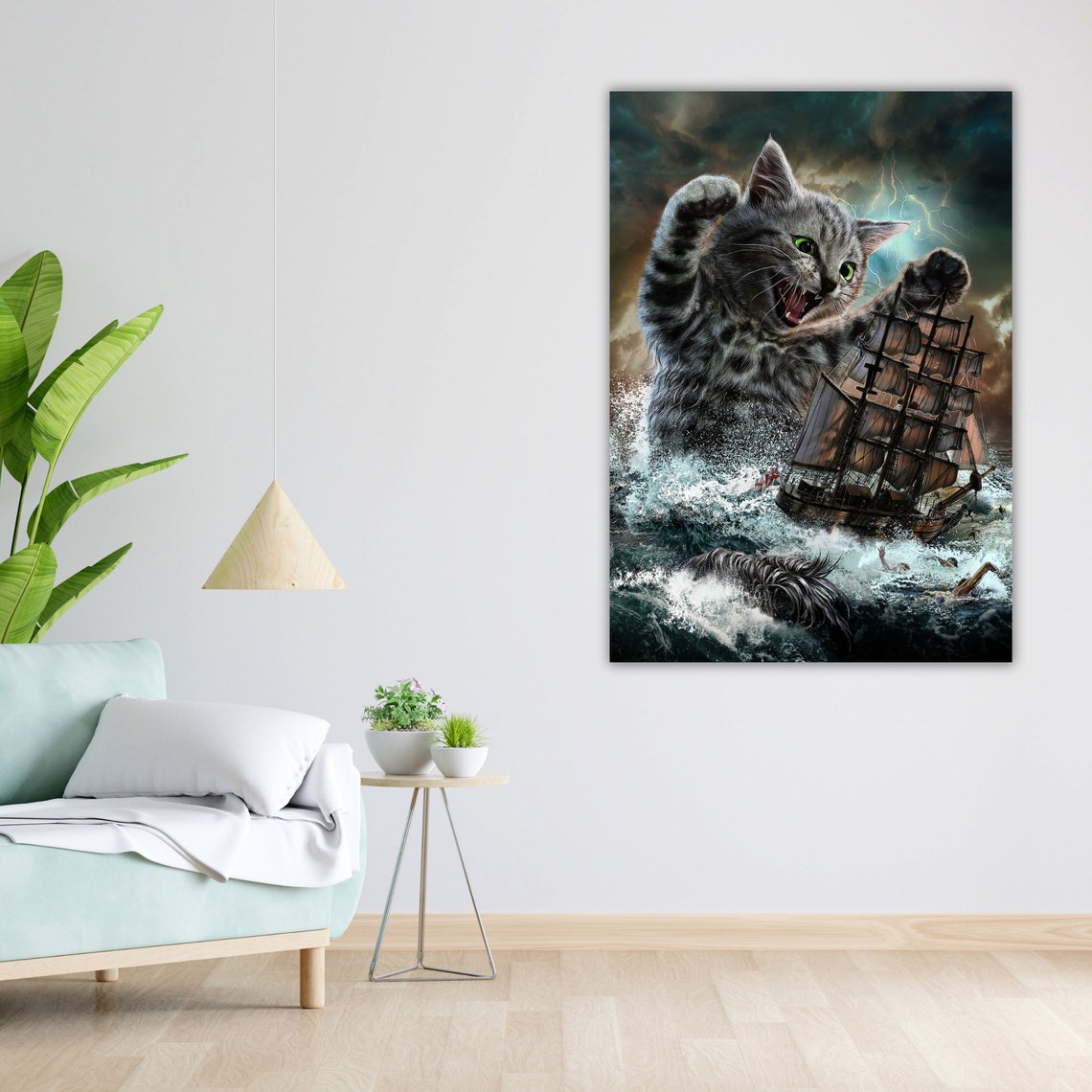 Giant Kitten Attacking Tall Ship Stormy Sea Funny Whimsical Cat Poster - Image 3