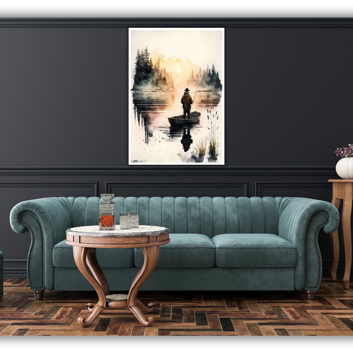 Fisherman Misty Lake Sunrise Watercolor Boat Pine Forest Art Poster - Image 3