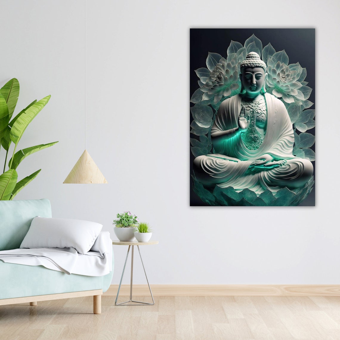 White Jade Buddha Green Lotus Leaves Glowing Dark Zen Art Poster - Image 5