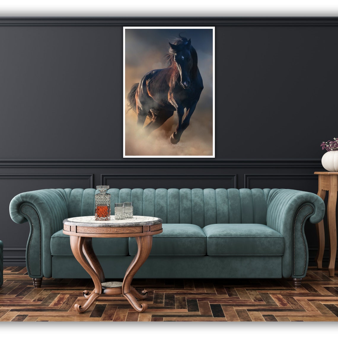 Dark Horse Galloping Through Dust Dramatic Equestrian Poster - Image 2