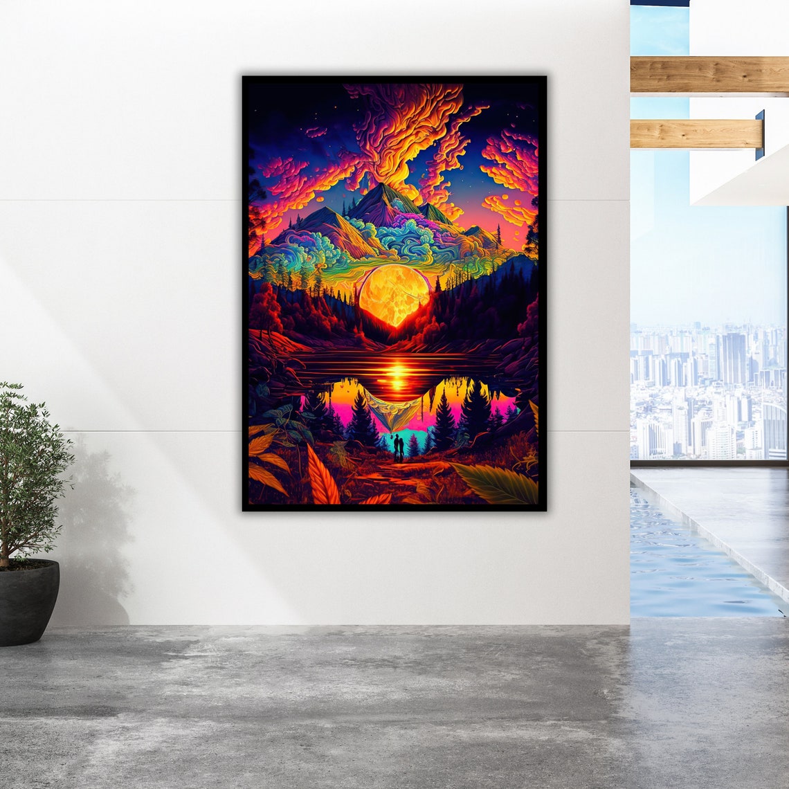 Psychedelic Sunset Mountain Lake Neon Clouds Surreal Nature Poster - Image 2
