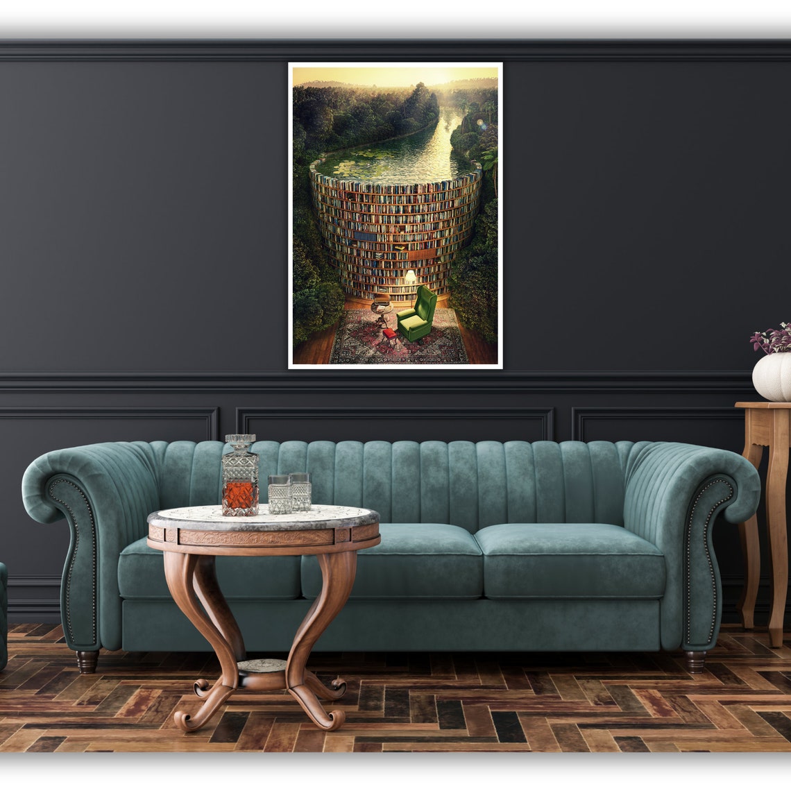 Surreal Circular Library Waterfall Forest Reading Nook Art Poster - Image 2