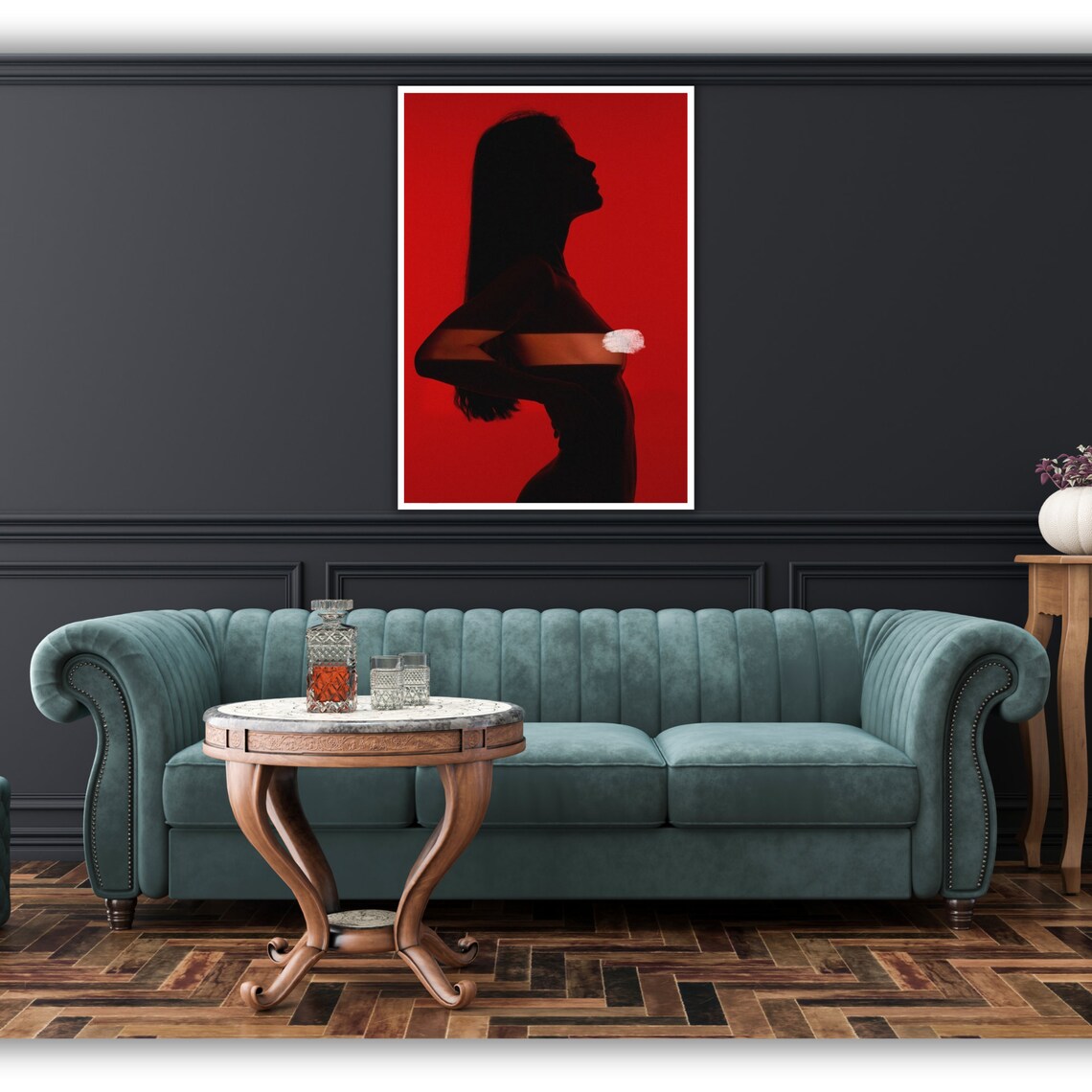 Woman Silhouette On Red Background Dramatic Modern Sensual Figure Art Poster - Image 3