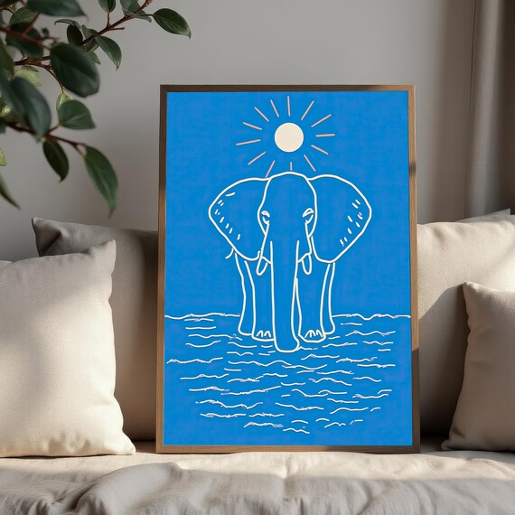 Elephant In Water Art Print Minimalist Safari Wall Blue White Nursery Decor Modern Animal