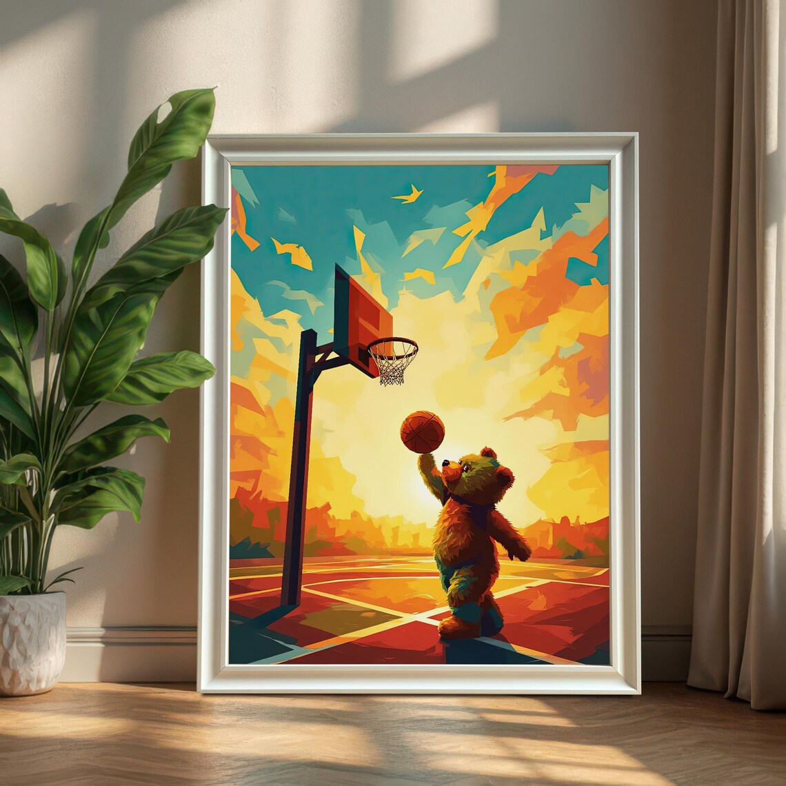 Teddy Bear Playing Basketball, Kids Room Decor Art Print