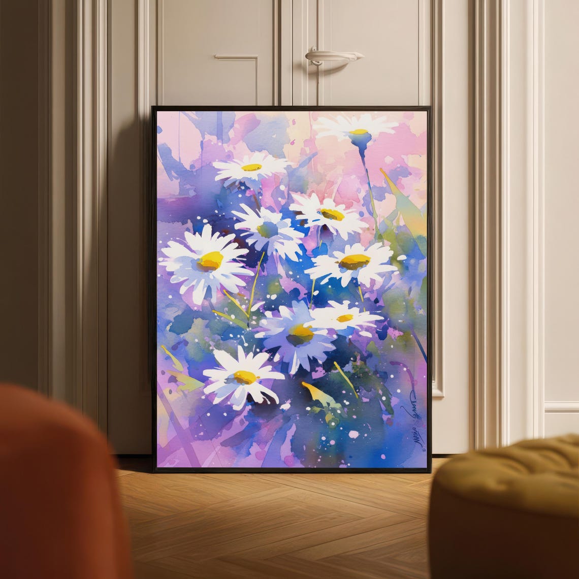 Dreamy White Daisies Blooming In A Purple Watercolor Meadow Poster