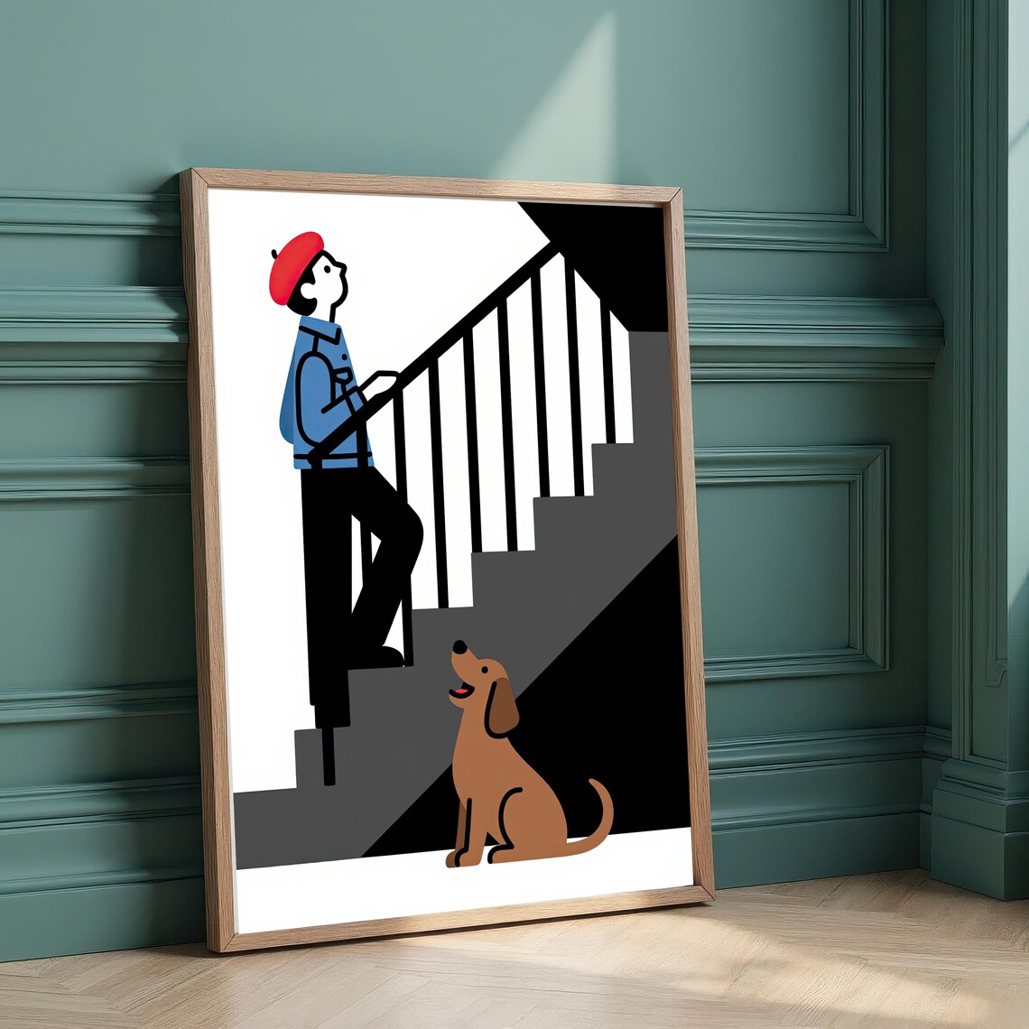 Red Beret Figure Climbing Stairs With Loyal Dog Minimalist Poster