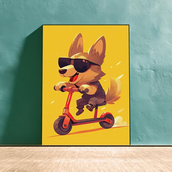Cool Dog On Scooter Art Print Funny Animal Wall Kids Room Or Modern Decor Sunglasses Pet