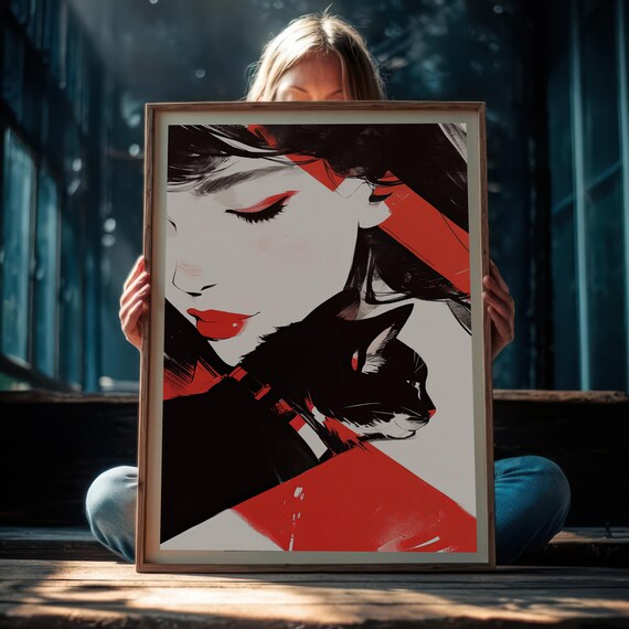 Woman With Black Cat Bold Red Black Figure Illustration Poster