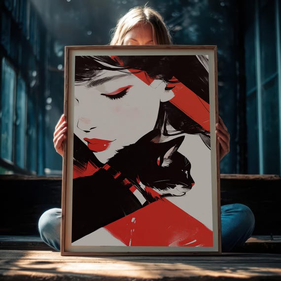 Woman With Cat Art Red And Black Figure Illustration Abstract Portrait Pet Wall Decor Animal