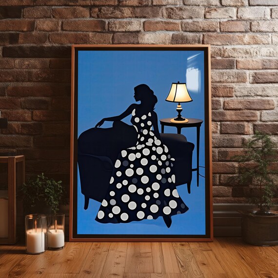 Seated Lady in Polka Dot Dress Silhouette Elegant Retro Fashion Art Poster