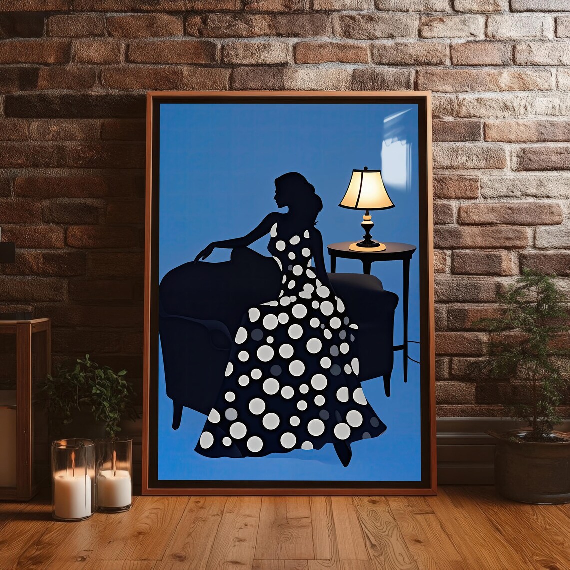 Seated Lady in Polka Dot Dress Silhouette Elegant Retro Fashion Art Poster