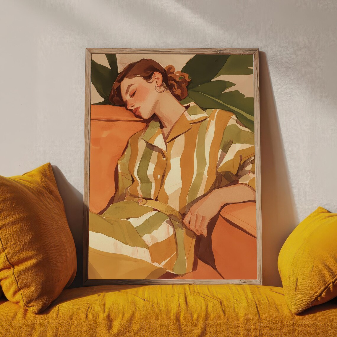 Relaxed Woman on Orange Couch, Contemporary Art