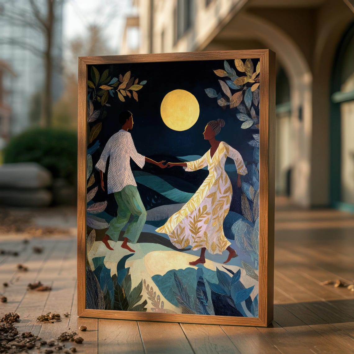 Moonlit Dancing Couple Under Full Moon Boho Night Art Poster