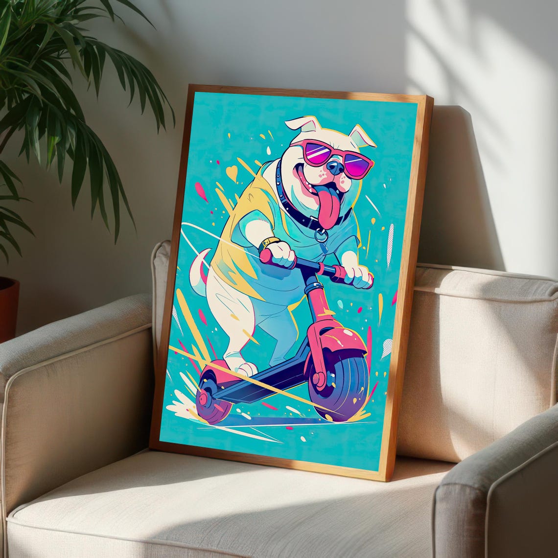Pop Art Pitbull Dog Riding Pink Scooter With Sunglasses Poster