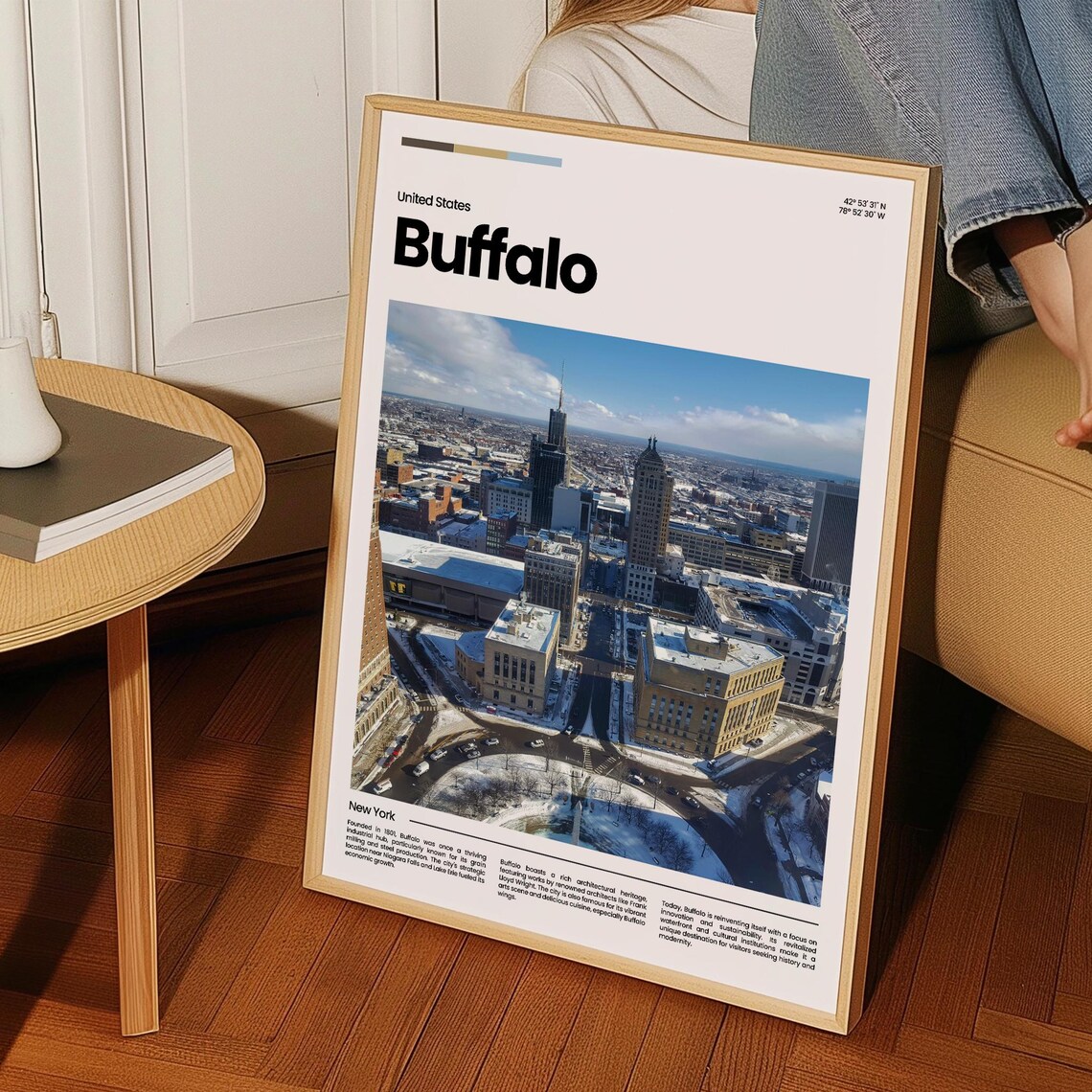 Buffalo Winter Snowy Downtown New York City Aerial Travel Poster - Image 3
