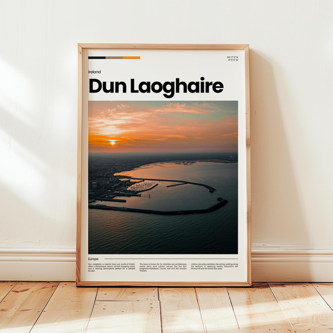 Dun Laoghaire Ireland Harbor Sunset Travel Poster with Aerial Photo