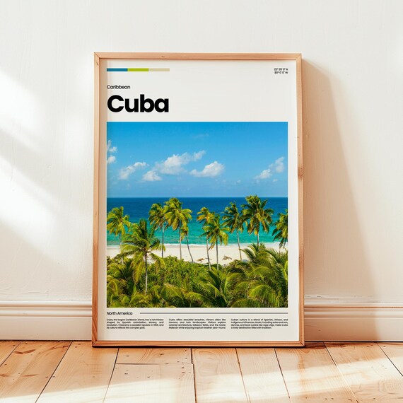 Cuba Caribbean Tropical Palm Beach Ocean Shore Modern Travel Poster