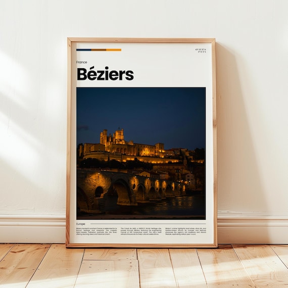 Béziers France Night Photo Illuminated Cathedral And Old Bridge Poster