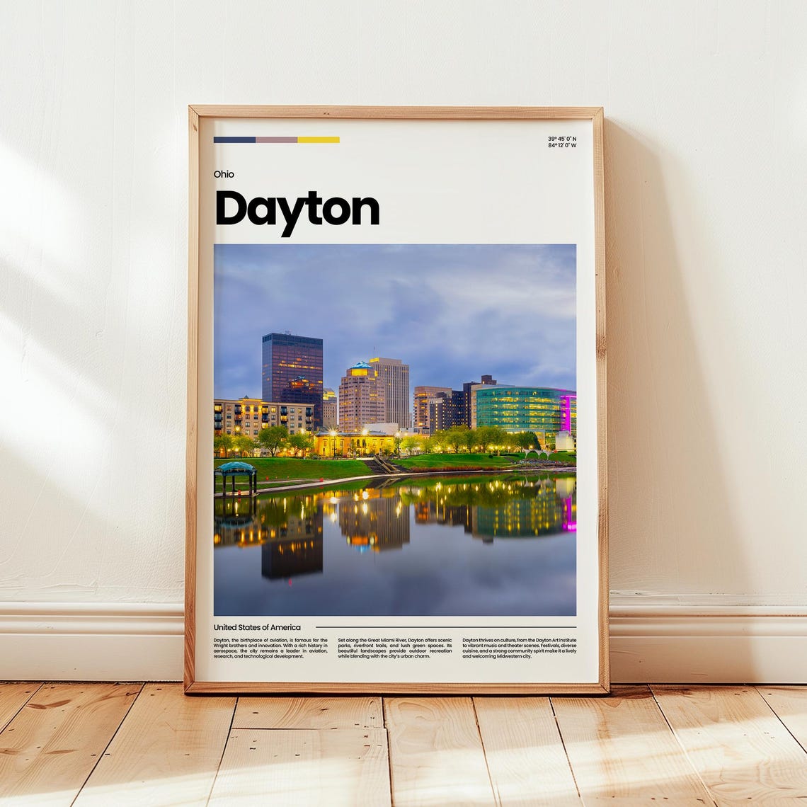 Dayton Ohio Night Skyline Reflection River Photo Travel Poster