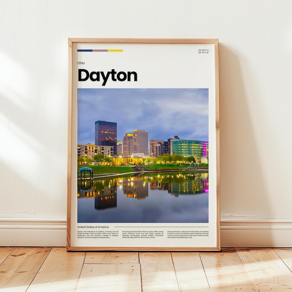 Dayton Ohio Night Skyline Reflection River Photo Travel Poster