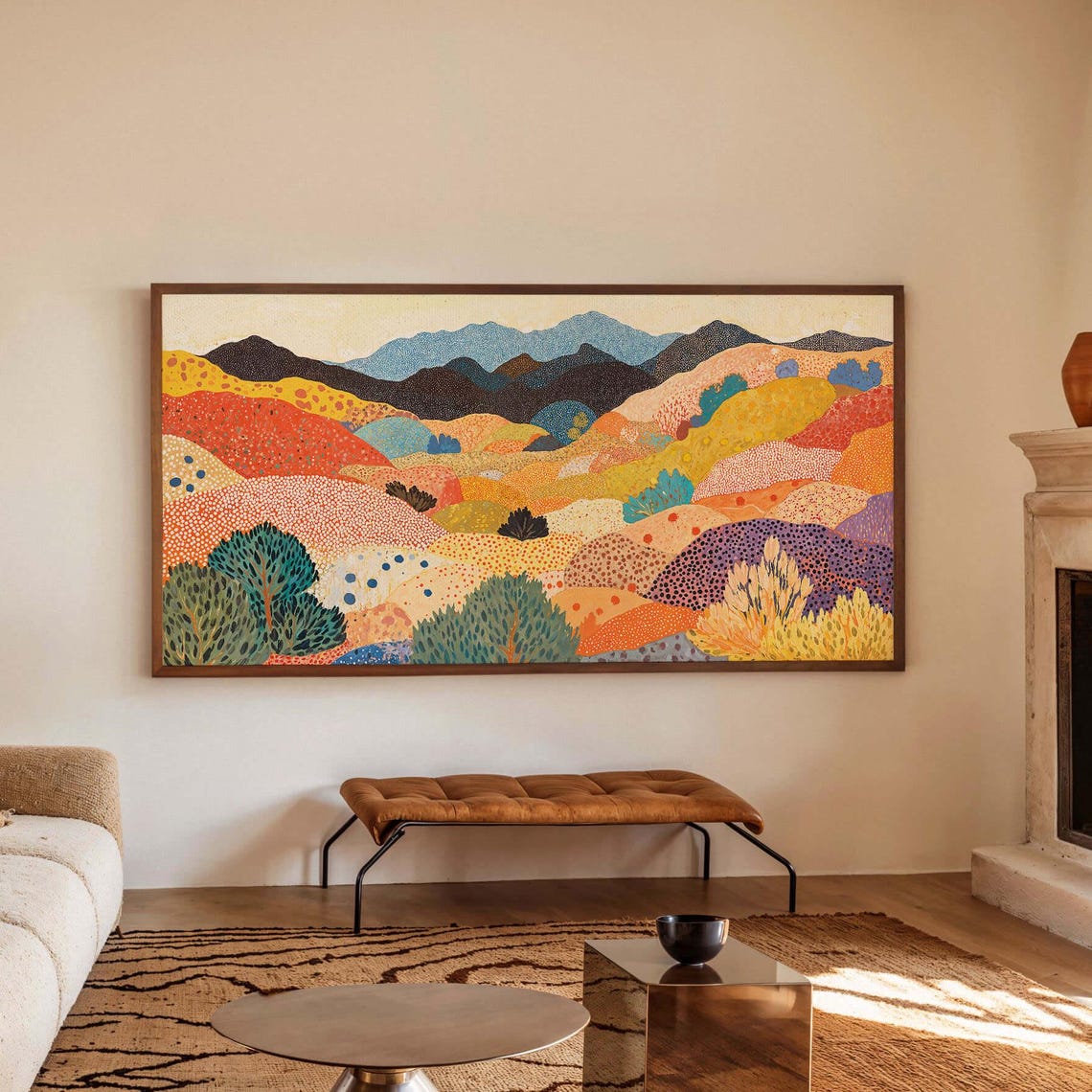 Kusama Inspired Panoramic Dotted Rolling Hills Landscape Poster