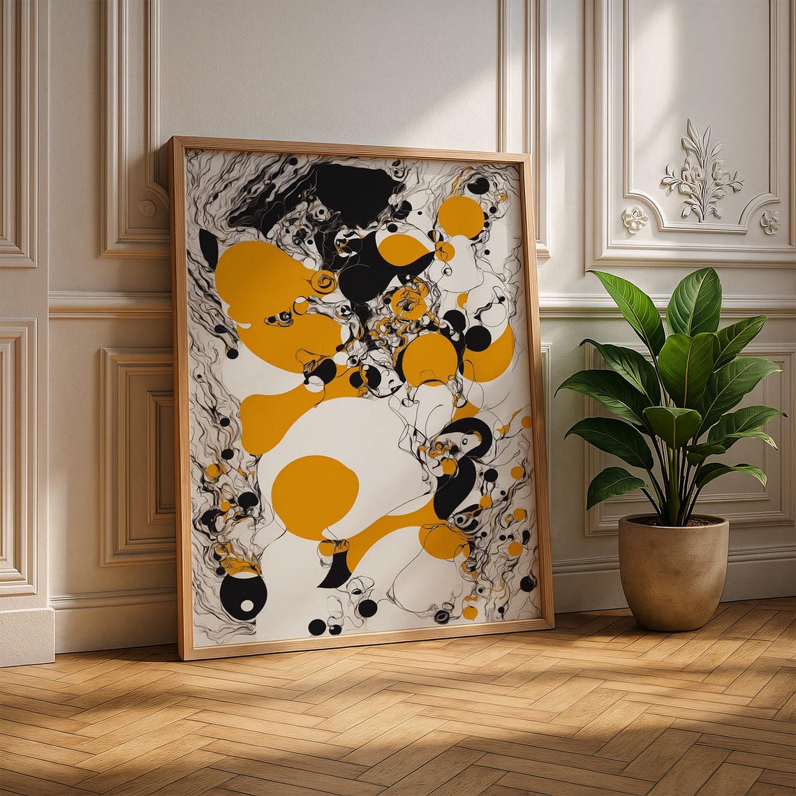 Goldenrod and Black Abstract Ink Bloom Bold Modern Art Print