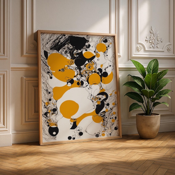 Spindle Bloom Abstract Art Print In Goldenrod And Black Bold Modern For Home Or Studio Wall Decor