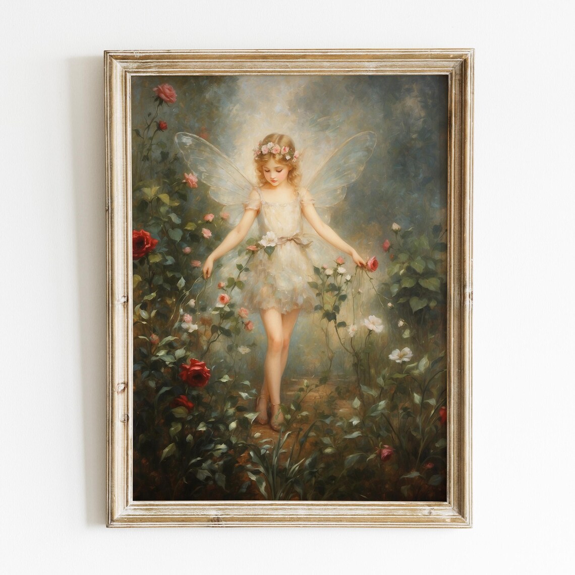 Dreamy Fairy Girl Gathering Roses In A Misty Garden Art Print