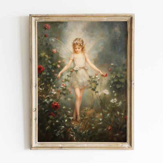 Victorian Rose Garden Fairy Oil Painting Vintage Fine Art Print For Nursery