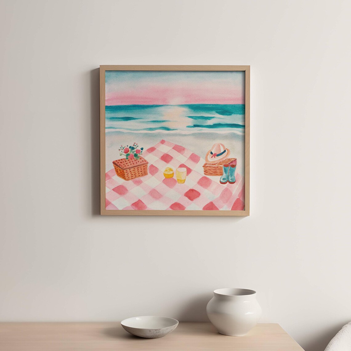 Pink Gingham Beach Picnic Watercolor Poster Sunset Coastal Scene Art