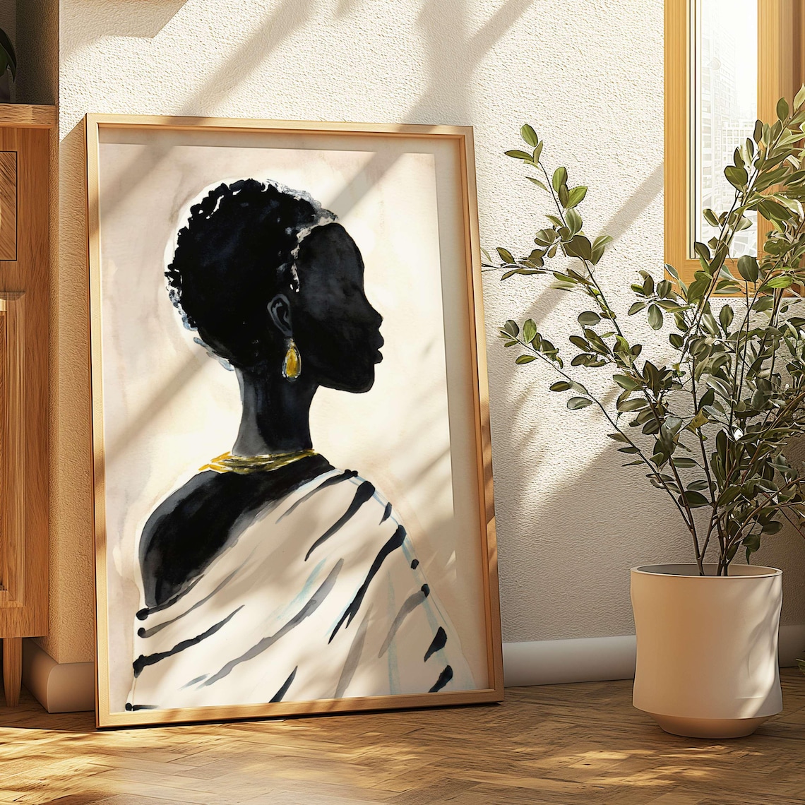Black Woman Profile Silhouette Watercolor with Gold Earring Elegant Art Poster