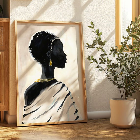 Boho Woman Printable Wall Art Black Female Portrait Neutral Minimalist Watercolor Bedroom Decor Digital Download